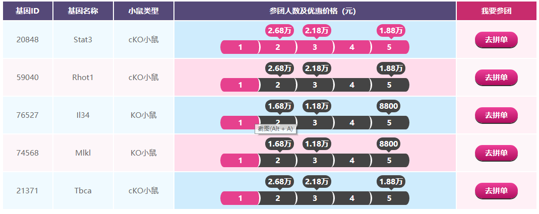 基因ID基因名称小鼠类型参团人数及优惠价格（元）
